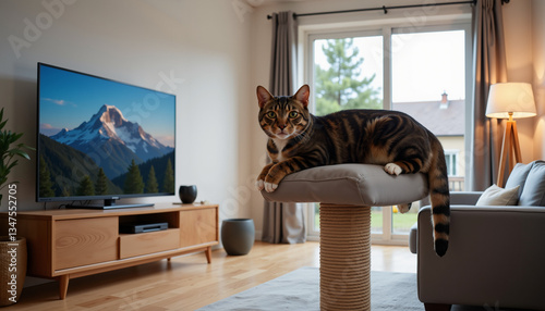 Playful Bengal cat lounging on a stylish cat tree in a modern living room with a scenic mountain view