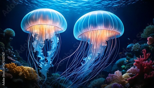 two transparent jelly fish in deep ocean with coral reefs