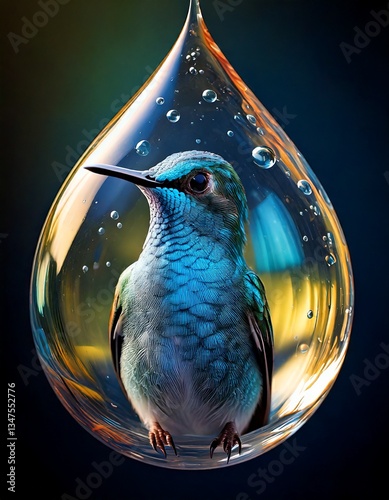 a beautiful hummingbird inside a perfect water droplet