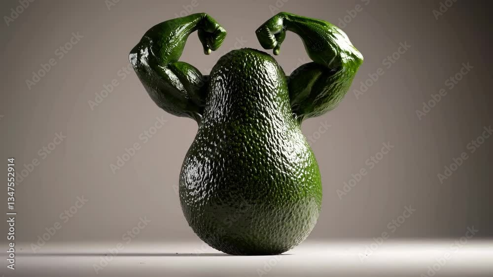 Aguacate musculoso flexionando en animación 3D, concepto de superalimento fuerte y saludable, ideal para marketing creativo, fitness y nutrición deportiva.