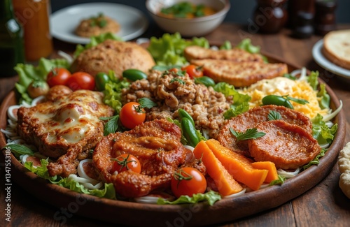 Platter variety Indian food. Masala dishes, chicken, curry, rice, vegetables, and salad. Delicious meal with spices, coriander, and sauces. Lunch, dinner, vegetarian dishes on wood table.