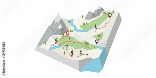 Group Mountain Hiking Adventure, Mixed group of friends hiking a forest trail towards the mountain peak with scenic views