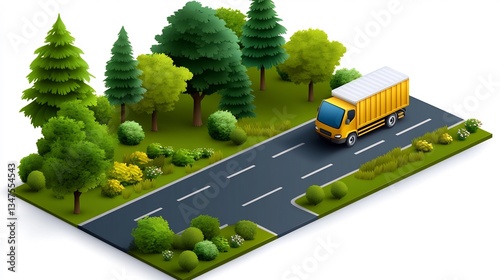 Isometric Illustration of a Yellow Truck Driving on a Road Through a Lush Green Forest