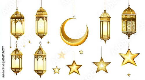 Golden Islamic lanterns, crescent moon, and stars.  Ornate hanging lamps in warm golden tones, set against a white background, featuring a crescent moon, and shining stars. 