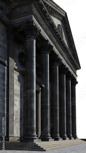 A roman style bank building front with grand blac