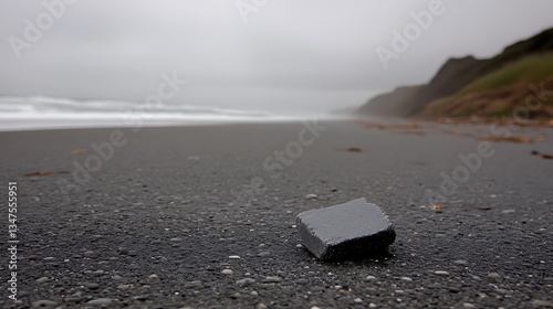 A solitary stone on a black sandy beach under a cloudy, misty sky photo