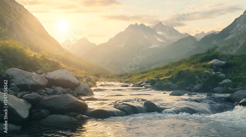Tranquil river landscape with mountains and warm sunset glow