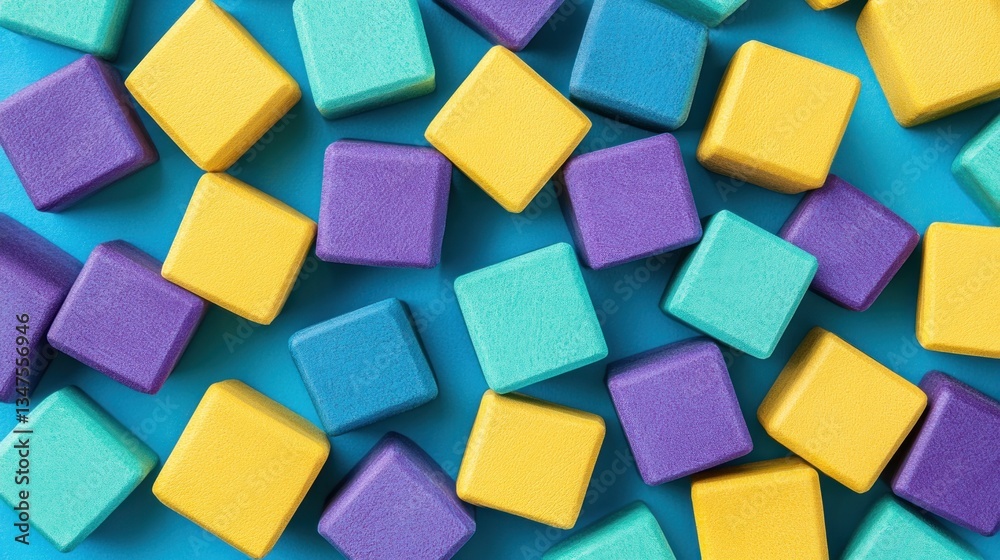 Colorful square blocks scattered on a vibrant blue surface. Colorful square blocks scattered on a vibrant blue surface.