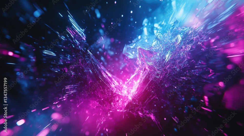 Fototapeta premium Vibrant cyber gradient transitioning from deep black to electric blue and vivid magenta, forming intricate crystal structures and