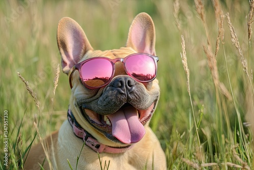 This cute and happy French Bulldog, rocking pink shades, basks in the summer heat with a stunning grain field and clear blue sky as the backdrop