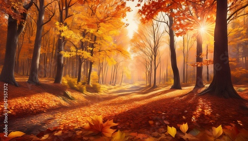 autumnal forest digital painting of falling leaves warm tones nature scene digital art fall foliage autumn landscape