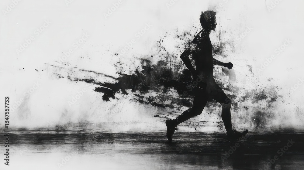 Fototapeta premium Silhouette of male runner in motion with artistic splatter effect