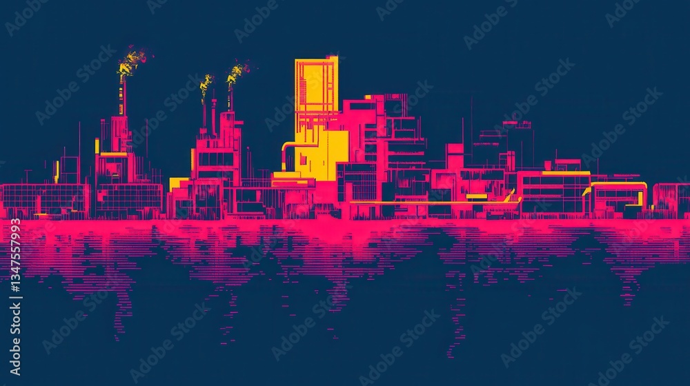 Fototapeta premium A stylized digital cityscape reflecting in a dark water surface