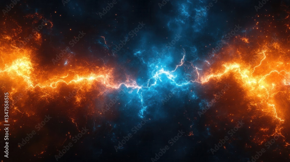 Naklejka premium Cosmic clash: blue and orange lightning in a fiery space nebula