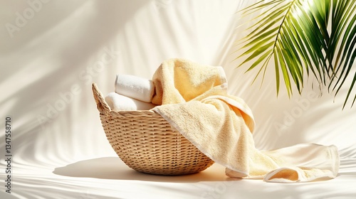 Relaxing Spa Day: Soft Towels in a Wicker Basket