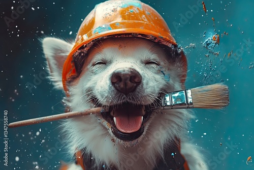 A humorous scene of a dog posing as a painter, brush in paw, against a plain concrete background