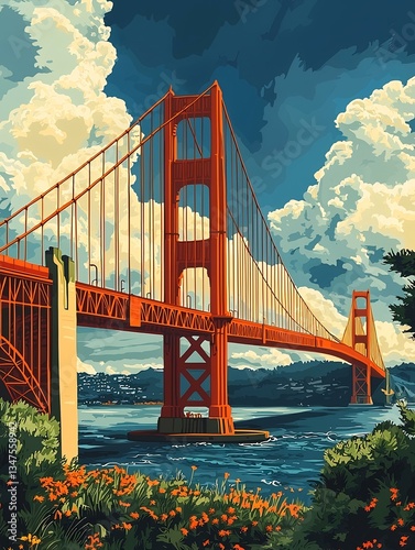 Iconic Golden Gate Bridge, San Francisco, California. Cloudy sky, travel poster