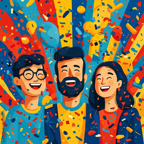 Joyful friends celebrating amidst colorful confetti.  Perfect for celebratory occasions