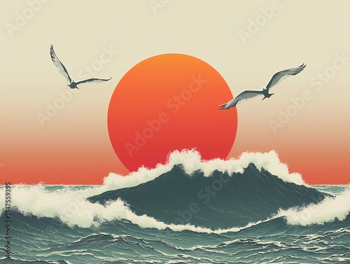 Ocean sunset with soaring seagulls and crashing waves; serene coastal scene ideal for travel or nature publications