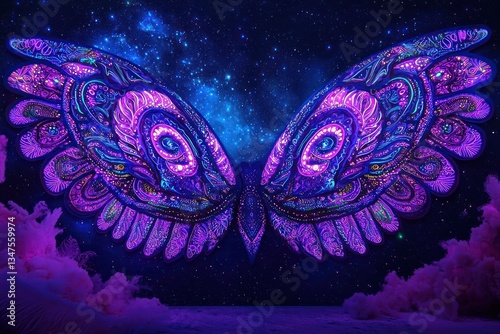 Neon patterned wings on a backdrop night sky