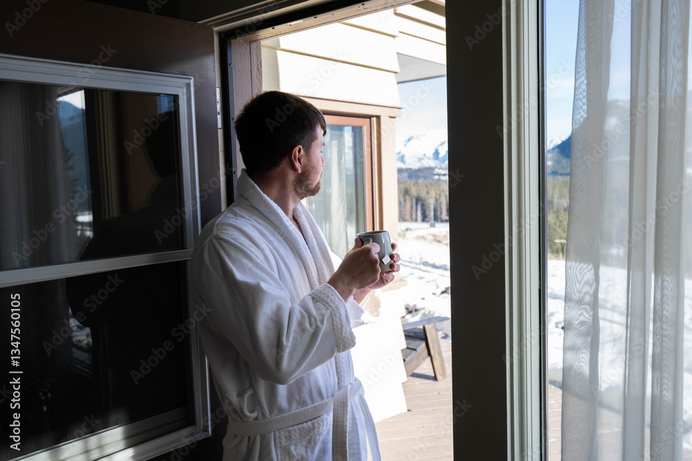 custom made wallpaper toronto digitalYoung caucasian man wearing bath robe and drinking hot tea at his hotel room in the morning with fresh air and opened balcony Mountain View