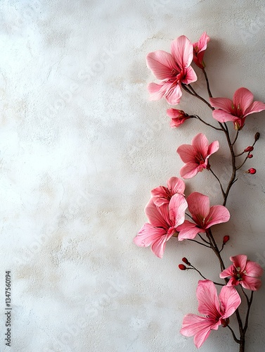 Pink blossoms branch on textured background; spring floral design for greeting cards