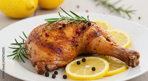 Roasted chicken leg quarter with lemon slices and rosemary sprig on a white plate close up view