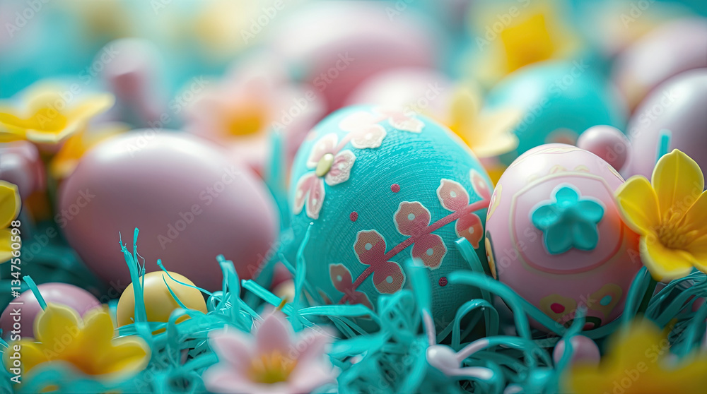 Fototapeta premium Easter background with colorful ornate Easter eggs. Festive spring background.