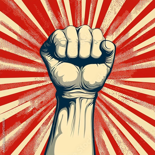 Raised fist, protest, revolution, red background, power