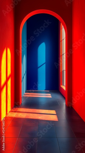 Red and blue hallway with arched doorway, sunlight streaming through windows; ideal for minimalist design or architectural background