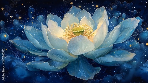 Elegant celestial blossom: Dreamy blue flower illustration amidst a sparkling cosmos, radiating gentle light and ethereal charm.
