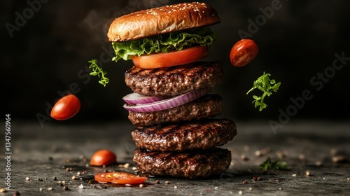Juicy Stacked Burger with Toppings