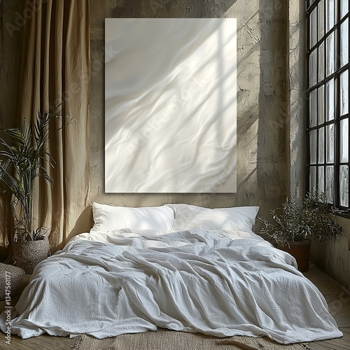 Serene bedroom interior with draped fabric art, sunlight streaming through large windows, minimalist decor. Use Home decor inspiration