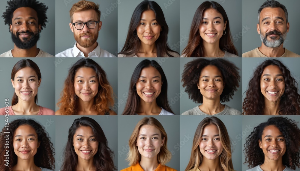 Collage diverse group of people portraits. Various ages, ethnicities smiling. Women, men together demonstrate multiculturalism, inclusivity. Team, community, corporate environment, business success