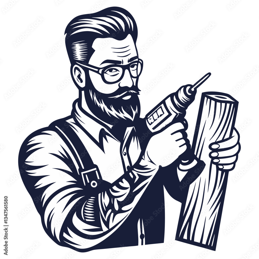 Carpenter hipster with drill, screwdriver in hands for craft workshop. Silhouette craftsman with tools for construction, carpentry and woodworking. Handmade, craftsmanship with woodcraft, repair work Carpenter hipster with drill, screwdriver in hands for craft workshop. Silhouette craftsman with tools for construction, carpentry and woodworking. Handmade, craftsmanship with woodcraft, repair work