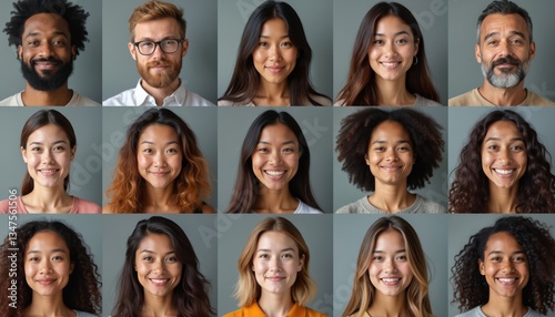 Obraz na płótnie Collage diverse group of people portraits. Various ages, ethnicities smiling. Women, men together demonstrate multiculturalism, inclusivity. Team, community, corporate environment, business success w salonie
