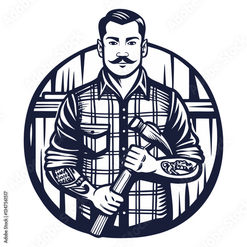 Carpenter hipster with hammer in hands for craft workshop. Silhouette craftsman with tools for construction, carpentry and woodworking. Handmade or craftsmanship with woodcraft, repair work
