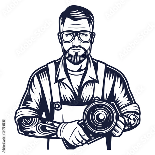 Builder in helmet with angle grinder in hands for workshop. Silhouette worker with tools for construction, carpentry and build, repair work