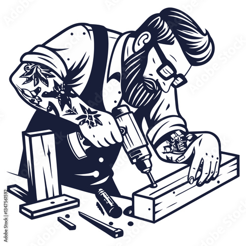 Carpenter hipster with drill, screwdriver in hands for craft workshop. Silhouette craftsman with tools for construction, carpentry and woodworking. Handmade, craftsmanship with woodcraft, repair work