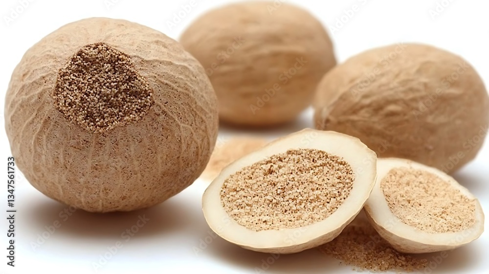Exotic Nutmeg Spice Isolated on White Background For Gourmet Cuisine Exotic Nutmeg Spice Isolated on White Background For Gourmet Cuisine