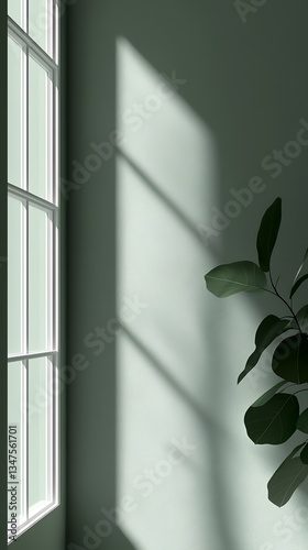 Sunlight streams through window onto wall, illuminating a fiddle-leaf fig. Minimalist interior design; perfect for home decor websites