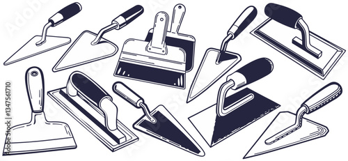 Collection of construction or repair tools for design of construction industry. Tool set of trowel and spatula