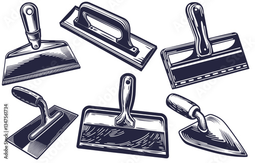 Collection of construction or repair tools for design of construction industry. Tool set of trowel and spatula