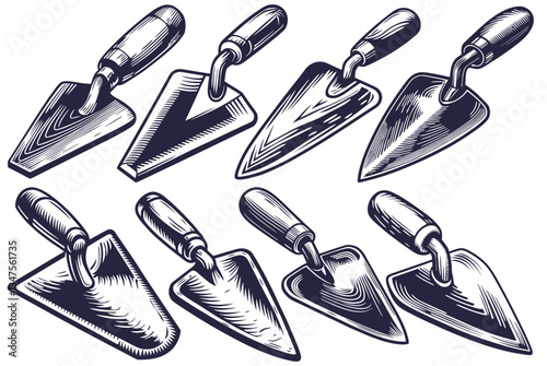 Tool set of trowel and spatula. Collection of construction or repair tools for design of construction industry