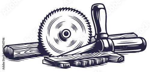 Wood saw for slice of tree or timber for logo and design of workshop or sawmill. Blade or circular saw with forest for sawing of woodmaster or carpenter