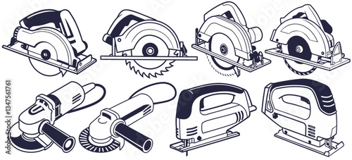 Electric circular saw set. Collection of carpentry tools for logo design of craft workshop or sawmill. Handmade or craftsmanship with woodcraft with wooden materials, timber for woodworking