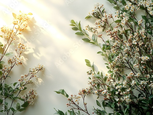 Sunlight illuminates delicate white flowers arranged on a beige surface, creating a frame for text or design; ideal for greeting cards or blogs
