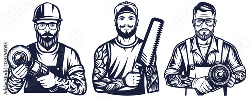 Set with builders in helmet with tattoo and angle grinder, saw in hands for workshop. Silhouette workers with tools for construction, carpentry and build, repair work