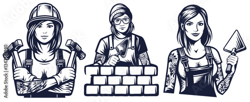 Set of woman in helmet with tools in hands for craft workshop. Silhouette girls for construction, carpentry and woodworking. Handmade or craftsmanship with woodcraft, repair work