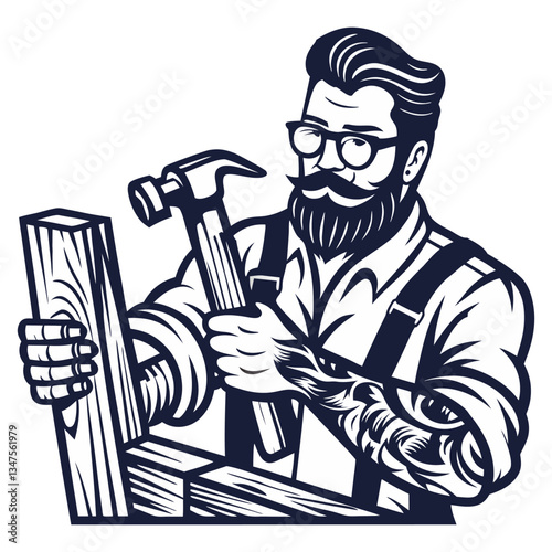 Carpenter hipster with hammer and wood in hands for craft workshop. Silhouette craftsman with tools for construction, carpentry and woodworking. Handmade or craftsmanship with woodcraft, repair work